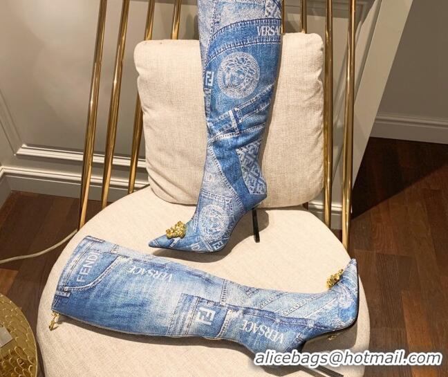 Top Grade Versace x Fendi Fendace Denim Knee-High Boots 10.5cm Blue 070228