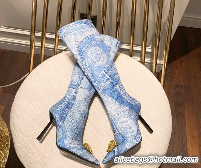 Top Grade Versace x Fendi Fendace Denim Knee-High Boots 10.5cm Blue 070228