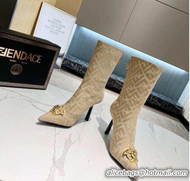 Best Product Versace x Fendi Fendace FF Canvas Ankle Boots 10.5cm Beige 070478