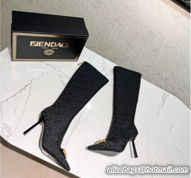 Sophisticated Versace x Fendi Fendace FF Canvas High Boots 10.5cm Black 070480