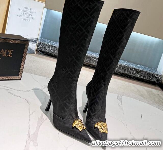 Sophisticated Versace x Fendi Fendace FF Canvas High Boots 10.5cm Black 070480