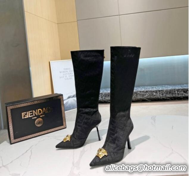 Sophisticated Versace x Fendi Fendace FF Canvas High Boots 10.5cm Black 070480