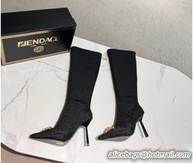 Sophisticated Versace x Fendi Fendace FF Canvas High Boots 10.5cm Black 070480