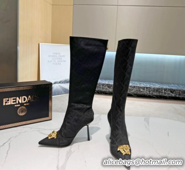 Sophisticated Versace x Fendi Fendace FF Canvas High Boots 10.5cm Black 070480