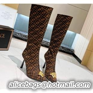 Purchase Versace x Fendi Fendace FF Canvas High Boots 10.5cm Dark Brown 070482