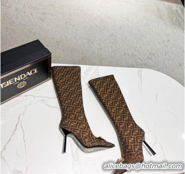 Purchase Versace x Fendi Fendace FF Canvas High Boots 10.5cm Dark Brown 070482