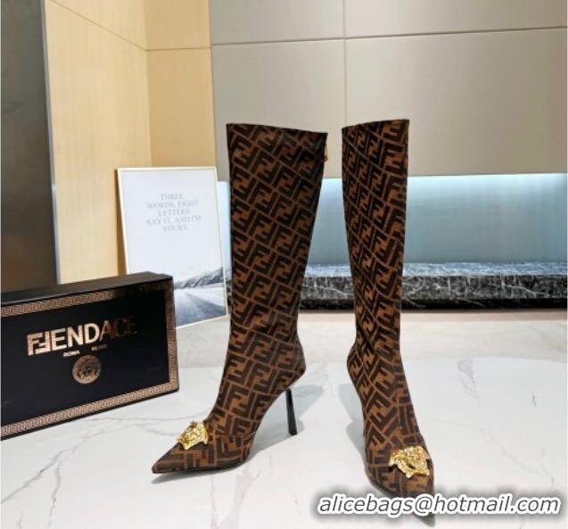 Purchase Versace x Fendi Fendace FF Canvas High Boots 10.5cm Dark Brown 070482