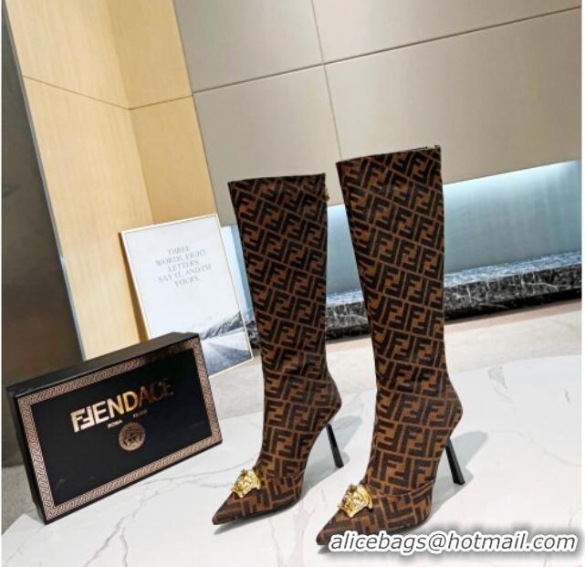 Purchase Versace x Fendi Fendace FF Canvas High Boots 10.5cm Dark Brown 070482