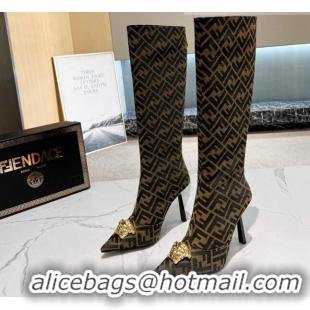 Stylish Versace x Fendi Fendace FF Canvas High Boots 10.5cm Coffee Brown 070483