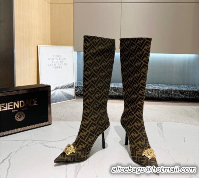 Stylish Versace x Fendi Fendace FF Canvas High Boots 10.5cm Coffee Brown 070483