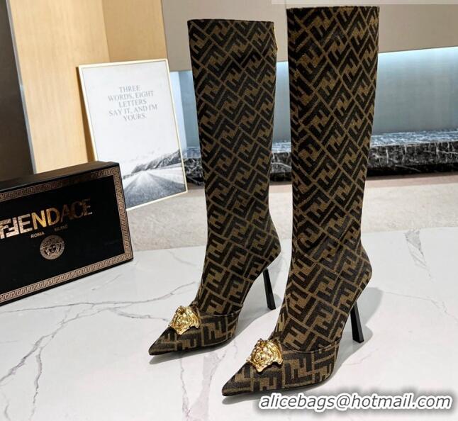 Stylish Versace x Fendi Fendace FF Canvas High Boots 10.5cm Coffee Brown 070483