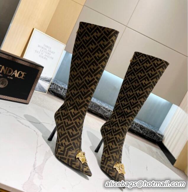 Stylish Versace x Fendi Fendace FF Canvas High Boots 10.5cm Coffee Brown 070483