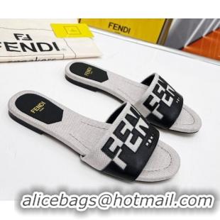 Low Cost Fendi Signature Flat Slide Sandals in Grey Canvas and Leather Black 070496