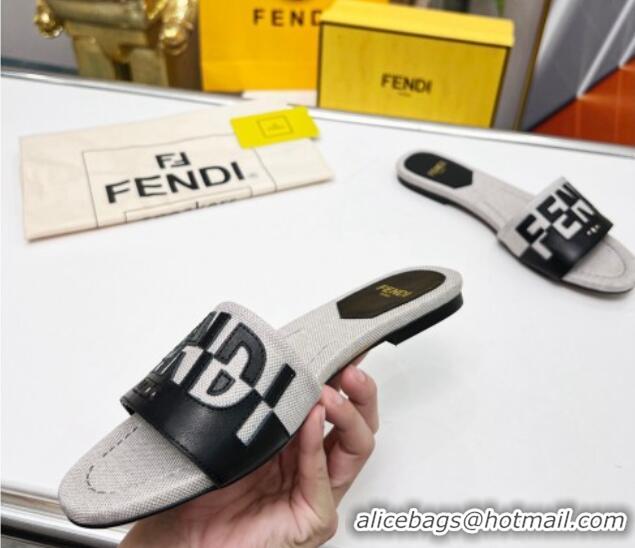 Low Cost Fendi Signature Flat Slide Sandals in Grey Canvas and Leather Black 070496