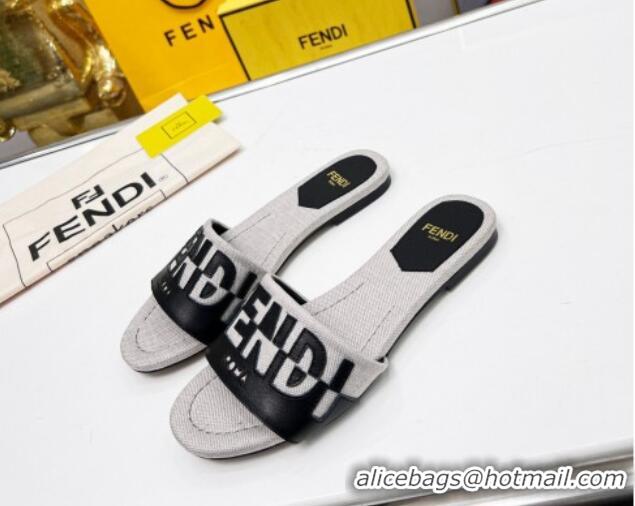 Low Cost Fendi Signature Flat Slide Sandals in Grey Canvas and Leather Black 070496