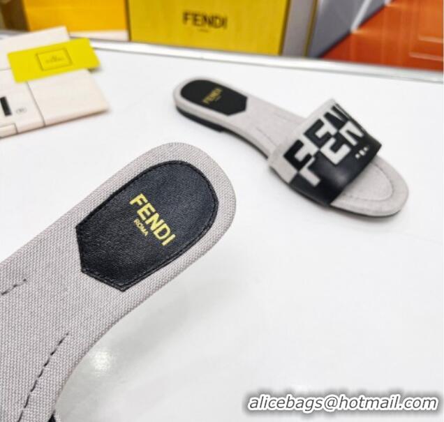 Low Cost Fendi Signature Flat Slide Sandals in Grey Canvas and Leather Black 070496