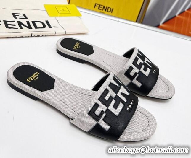 Low Cost Fendi Signature Flat Slide Sandals in Grey Canvas and Leather Black 070496