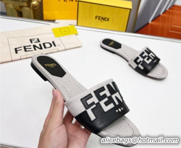 Low Cost Fendi Signature Flat Slide Sandals in Grey Canvas and Leather Black 070496