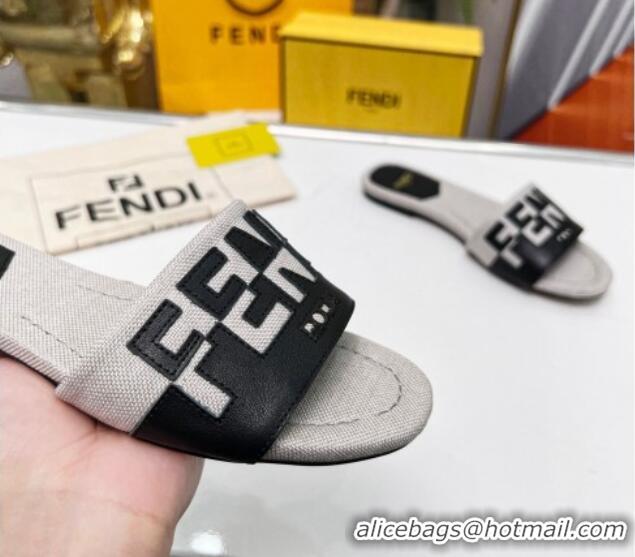 Low Cost Fendi Signature Flat Slide Sandals in Grey Canvas and Leather Black 070496