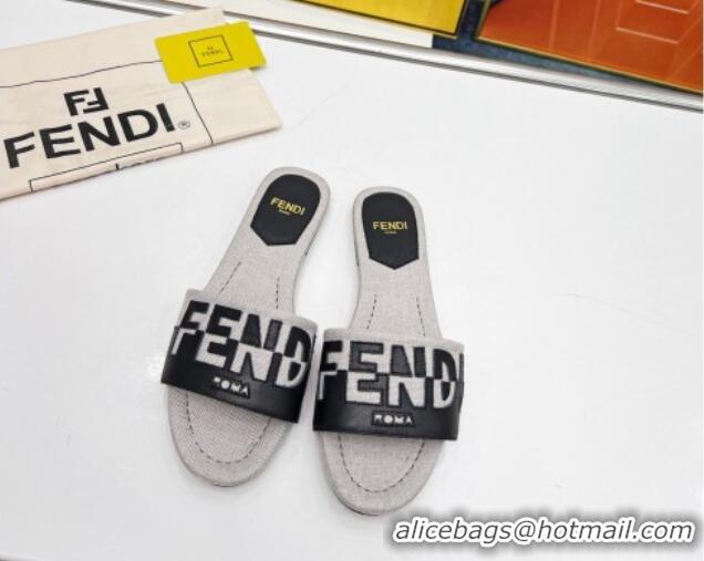 Low Cost Fendi Signature Flat Slide Sandals in Grey Canvas and Leather Black 070496