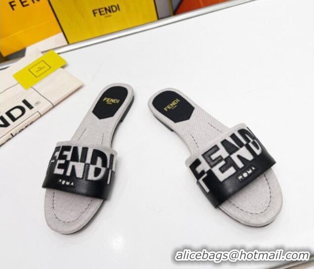 Low Cost Fendi Signature Flat Slide Sandals in Grey Canvas and Leather Black 070496