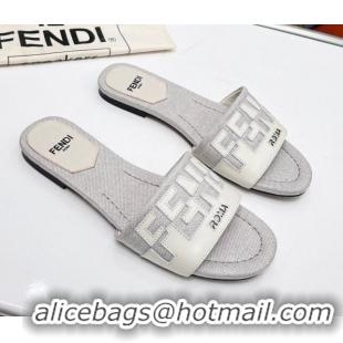 Best Grade Fendi Signature Flat Slide Sandals in Grey Canvas and Leather White 070497