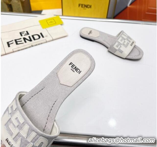 Best Grade Fendi Signature Flat Slide Sandals in Grey Canvas and Leather White 070497