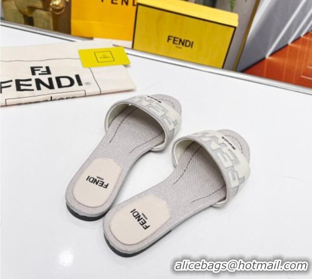 Best Grade Fendi Signature Flat Slide Sandals in Grey Canvas and Leather White 070497