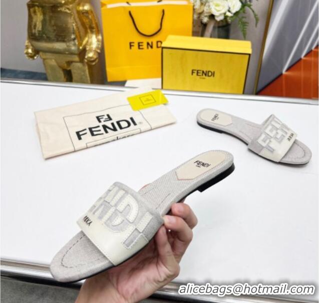 Best Grade Fendi Signature Flat Slide Sandals in Grey Canvas and Leather White 070497