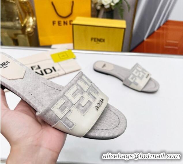 Best Grade Fendi Signature Flat Slide Sandals in Grey Canvas and Leather White 070497