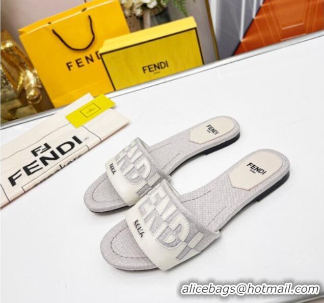 Best Grade Fendi Signature Flat Slide Sandals in Grey Canvas and Leather White 070497