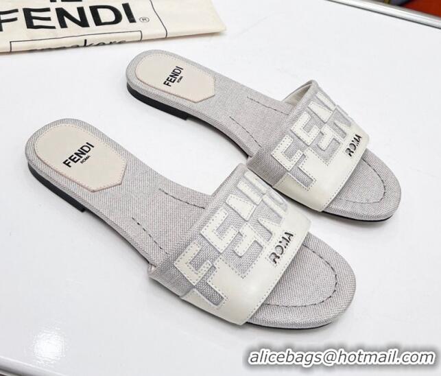 Best Grade Fendi Signature Flat Slide Sandals in Grey Canvas and Leather White 070497