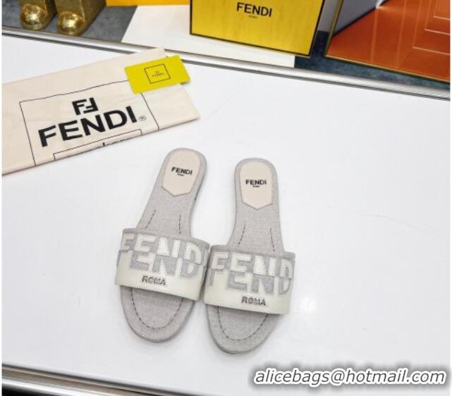 Best Grade Fendi Signature Flat Slide Sandals in Grey Canvas and Leather White 070497