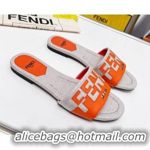 Sumptuous Fendi Signature Flat Slide Sandals in Grey Canvas and Leather Orange 070498