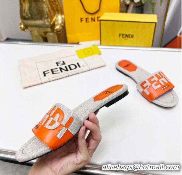 Sumptuous Fendi Signature Flat Slide Sandals in Grey Canvas and Leather Orange 070498