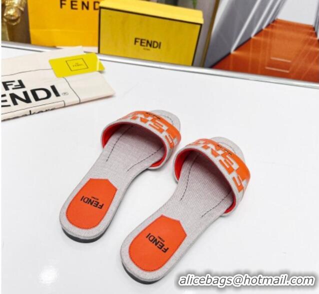 Sumptuous Fendi Signature Flat Slide Sandals in Grey Canvas and Leather Orange 070498