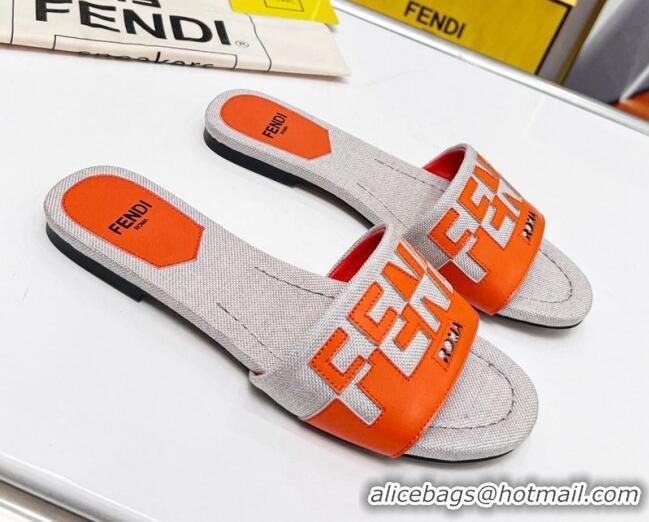 Sumptuous Fendi Signature Flat Slide Sandals in Grey Canvas and Leather Orange 070498