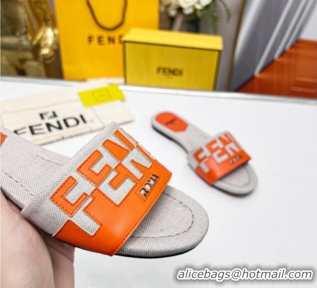 Sumptuous Fendi Signature Flat Slide Sandals in Grey Canvas and Leather Orange 070498