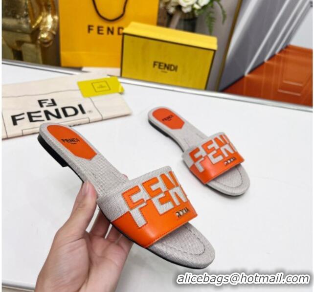 Sumptuous Fendi Signature Flat Slide Sandals in Grey Canvas and Leather Orange 070498