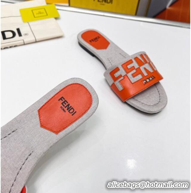 Sumptuous Fendi Signature Flat Slide Sandals in Grey Canvas and Leather Orange 070498