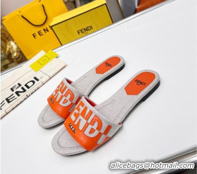 Sumptuous Fendi Signature Flat Slide Sandals in Grey Canvas and Leather Orange 070498