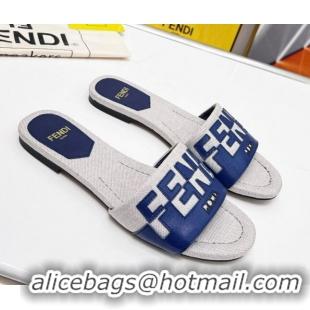 Crafted Fendi Signature Flat Slide Sandals in Grey Canvas and Leather Blue 070499