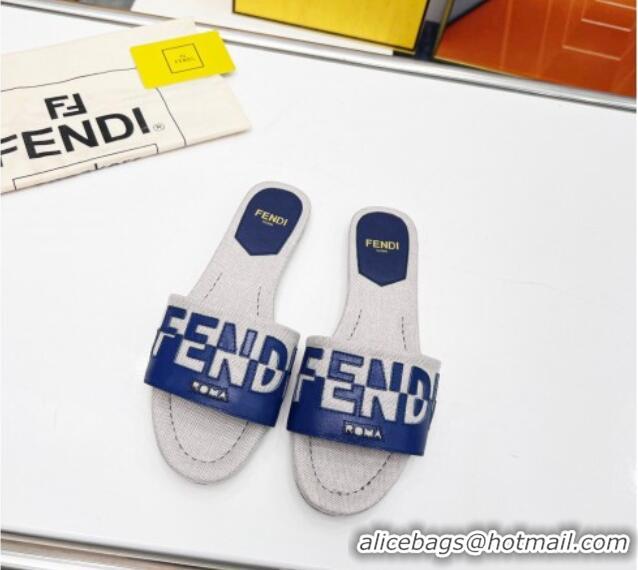 Crafted Fendi Signature Flat Slide Sandals in Grey Canvas and Leather Blue 070499