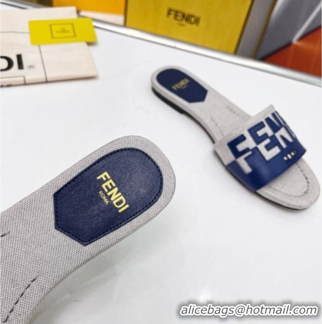 Crafted Fendi Signature Flat Slide Sandals in Grey Canvas and Leather Blue 070499