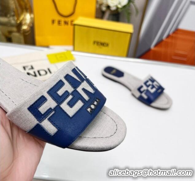 Crafted Fendi Signature Flat Slide Sandals in Grey Canvas and Leather Blue 070499