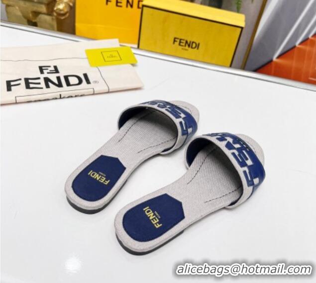 Crafted Fendi Signature Flat Slide Sandals in Grey Canvas and Leather Blue 070499