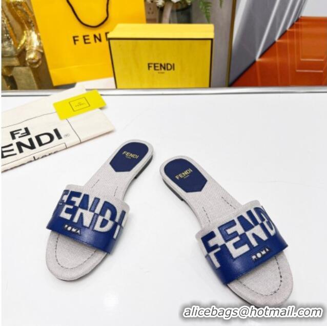 Crafted Fendi Signature Flat Slide Sandals in Grey Canvas and Leather Blue 070499