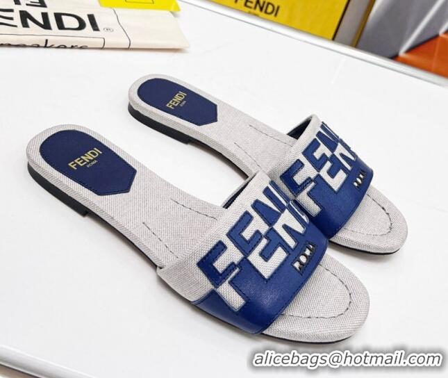 Crafted Fendi Signature Flat Slide Sandals in Grey Canvas and Leather Blue 070499