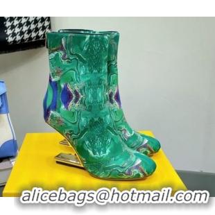 Stylish Fendi First Heel 8cm Ankle Boots in Print Fabric Green 072029