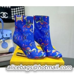 Good Quality Fendi First Heel 8cm Ankle Boots in Print Fabric Blue 072029